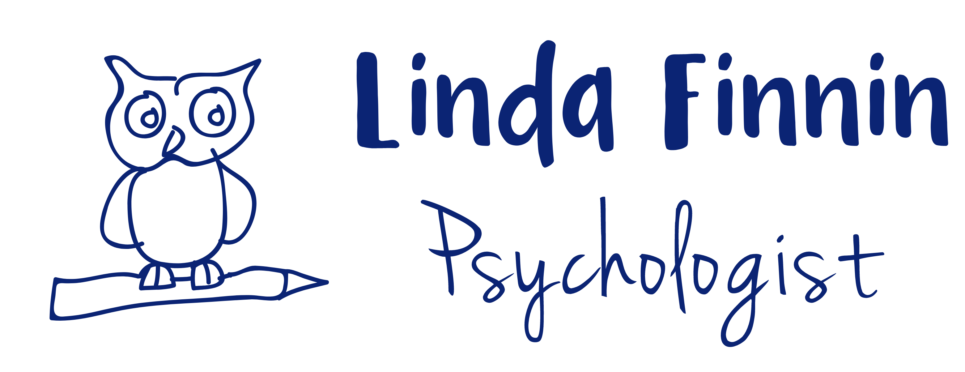 a hand drawn owl with navy text that reads Linda Finnin Educational and Developmental Psychologist